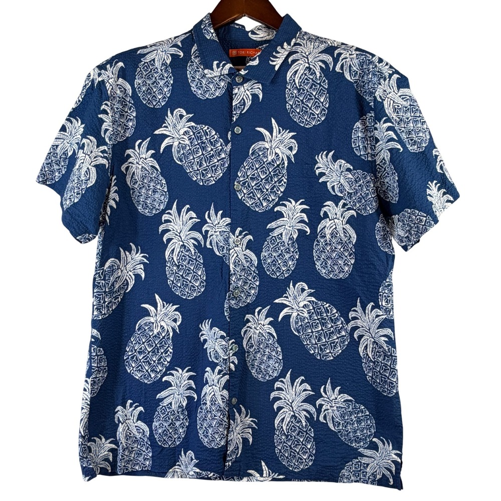 Tori Richard Pineapple Shirt XL Navy White 100% Cotton Hawaiian Aloha Resort USA